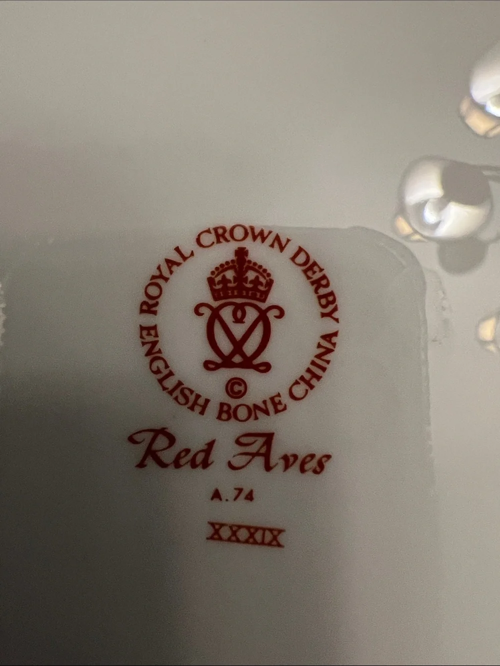 Royal Crown Derby English Bone China Red Aves. Set of 6.